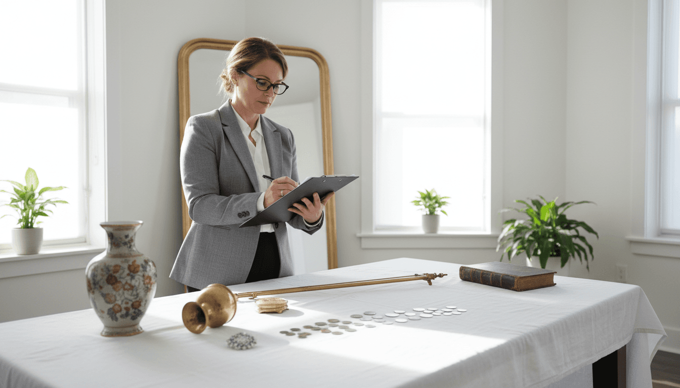 professional appraiser carefully documenting items on clipboard in bright room with natural lighting