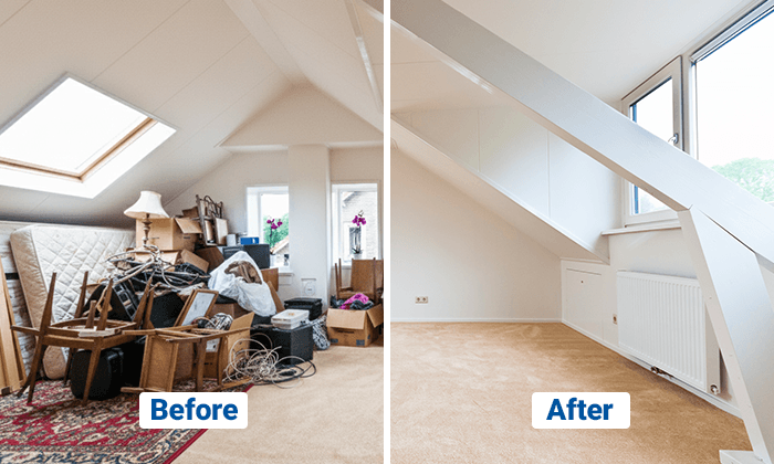 Before and after comparison of a cluttered attic transformed into a clean, empty room.