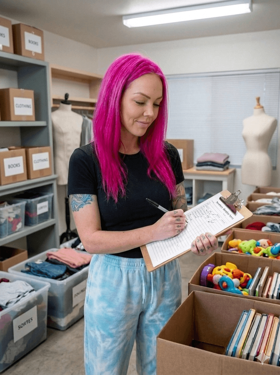 Woman with bright pink hair takes inventory on a clipboard surrounded by donation boxes.